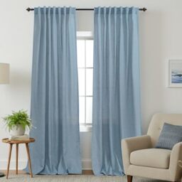 KOUFALL 108 Inches Long Stone Grey Blue Sheer Curtains for Living Room 2 Panels Set Easy Hang Install with Hooks Back Tab Hole Pocket Luxury Linen Drapery