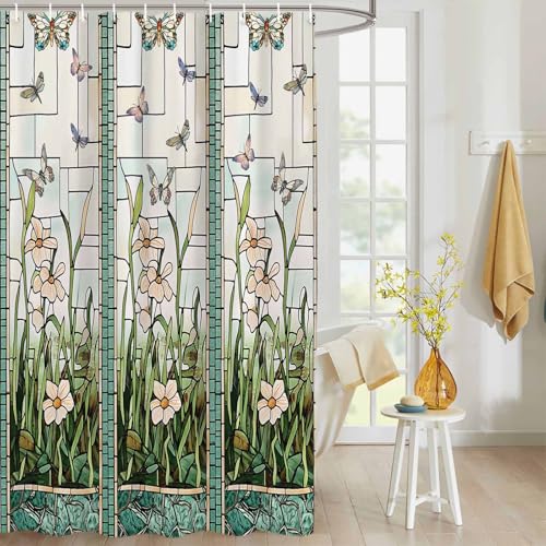 EZON-CH Waterproof Shower Curtain Stained Glass Meadow Flower Dragonfly Print Polyester Fabric Bath Curtain Home Hotel Apartment Bathroom Shower Curtain 72x72IN