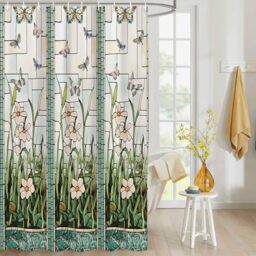 EZON-CH Waterproof Shower Curtain Stained Glass Meadow Flower Dragonfly Print Polyester Fabric Bath Curtain Home Hotel Apartment Bathroom Shower Curtain 72x72IN