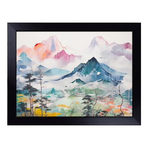 Lap Tray with Bean Bag Cushion, Japanese Mountains Gestural - Handmade in the UK, Raised Wooden Edge, Padded Cushion, Heat-Resistant Wipe-Clean Surface, for Meals, Laptops and Crafts