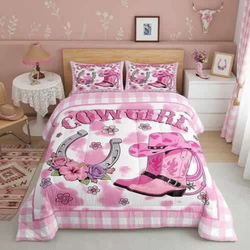 Girls Western Comforter Set Twin Size,Pink Cowgirl Bedding Set Western Horse Shoes Southwestern Hat Printed Quilt Comforter,Teens Women Pink Geometric Grid Quilted Duvet Insert 2Pcs,1 Pillowcase