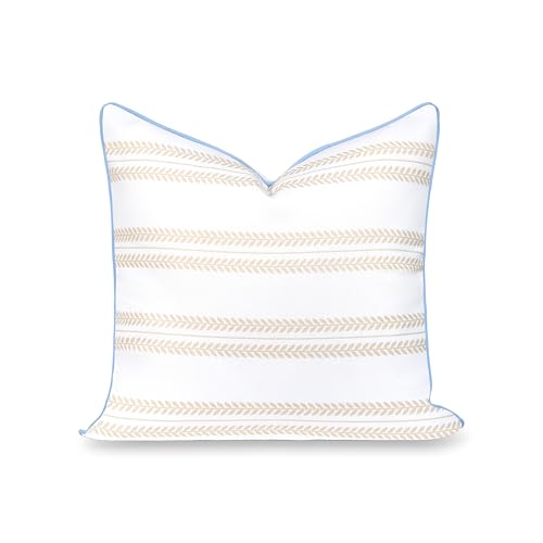 "Hofdeco Premium Coastal Hampton Patio Indoor Outdoor Throw Pillow Cover Only, 22""x22"" Water Repellent for Backyard, Couch, Poolside, Neutral Tan Blue Print Leaf Striped"