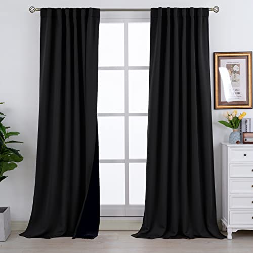 BGment Full Blackout Curtains with Thermal Insulation Liner Curtains 108 Inches Long, Rod Pocket and Back Tab Double Layer Room Darkening Window Curtain for Bedroom(52 x 108 Inch, 2 Panels, Black)