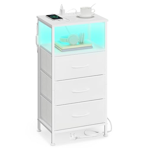 SONGMICS BELLAH Collection - Bedside Table with Charging Station, Side End Table with APP-Controlled Adjustable LED Lights, 1 Open Shelf and 3 Drawers, Bedroom, Cloud White and Snow White LGS303WH04