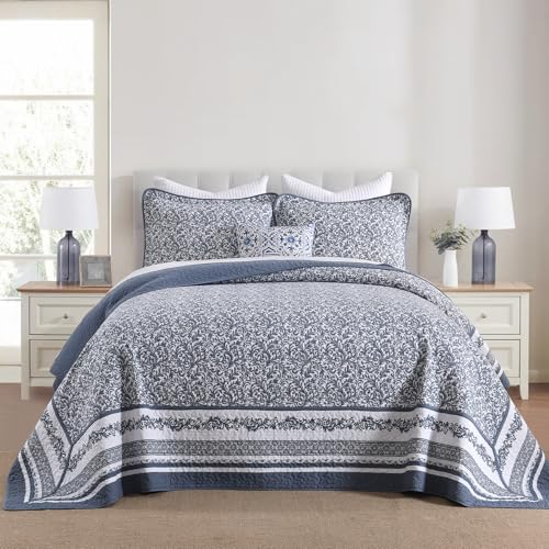 "DDUOXIN Oversized King Bedspread - 120"" W x120 L Extra Wide - 100% Cotton California Quilt with 2 Pillow Shams, Botanical Reversible Lightweight Coverlet Bedding Set, Blue/White"