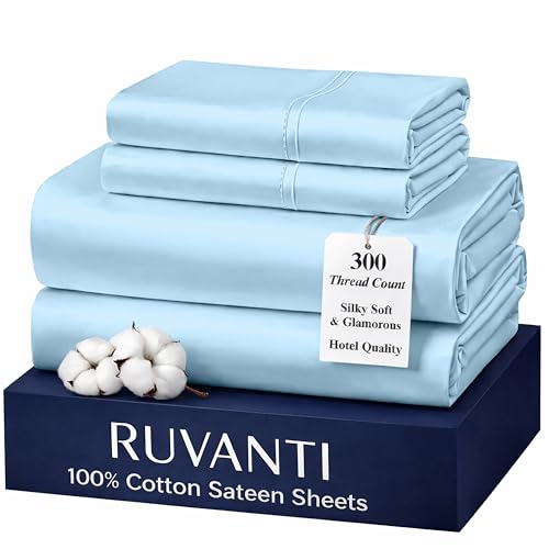 "Ruvanti 100% Cotton Sateen Sheets Queen Size, Sky Blue - Queen Sheets 300 Thread Count 4 Piece Set, 16"" Deep Pocket, Cooling Bed Sheets for Hot Sleepers, Breathable & Durable"