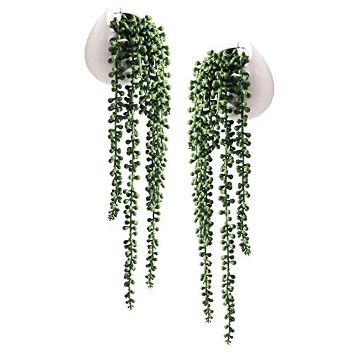 Artificial Succulents Hanging Plants, Fake String of Pearls Plants in White Ceramic, Set of 2