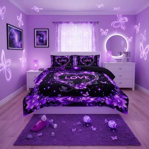 QOOMO 3Pcs Love Comforter Set Queen,Purple Love Bedding Set for Teens Boys Girls,Purple Galaxy Printed Comforter with 2 Pillowcases,Down Alternative,Soft and Lightweight
