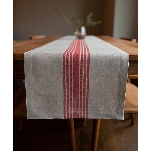 Solino Home Linen Farmhouse Table Runner ??? 100% Linen Table Runner 14 x 72 Inches ??? Red and Natural Table Runner for Fall, Thanksgiving, Christmas ??? Handcrafted from European Flax