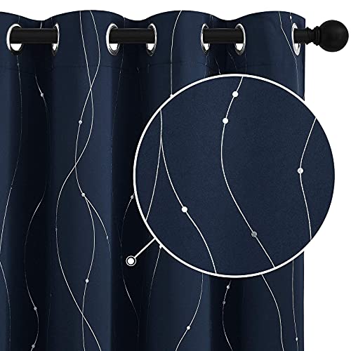 StangH Navy Blue Blackout Curtains - Silver Wave Dots Print Curtains Thermal Insulated Grommet Curtain Drapes for Bedroom Study Room, W52 x L63 inches, 2 Panels