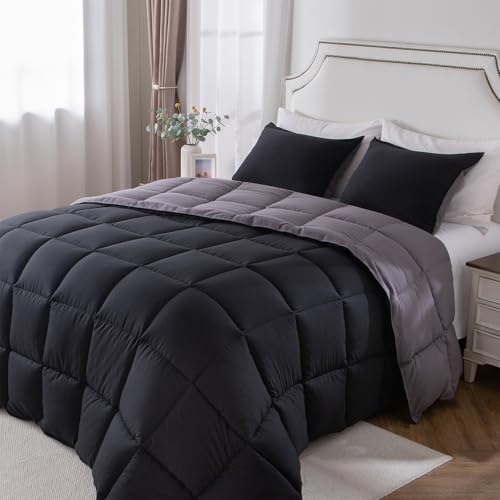 KASENTEX Down Alternative Comforter Set - All Season Ultra Soft Duvet Insert, Hypoallergenic, Reversible Design with Matching Shams - Machine Washable, King, Jet Black/Tornado