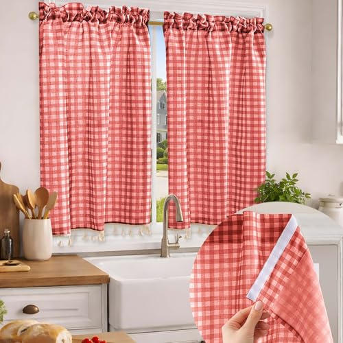Jilron No Drill Classic Checkered Linen Kitchen Curtains ??? Farmhouse Tier Drapes with Rod Pocket for Small Windows-Red Check(W 34*L 45in-2-Panel)