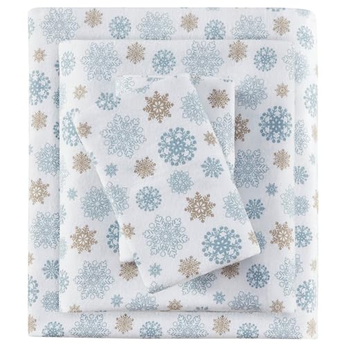Sleep Philosophy True North Cozy Flannel Warm 100% Cotton Sheet - Novelty Print Animals Stars Cute Ultra Soft Cold Weather Bedding Set, King, Tan/Blue Snowflakes 4 Piece