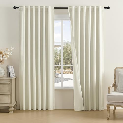 DUALIFE Greyish Beige Blackout Curtains 84 Inches Long for Bedroom Back Tab Rod Pocket Burlap Curtains Blackout Rustic Farmhouse Full Light Blocking Thermal Insulated Curtains 2 Panels 50x84 Inches