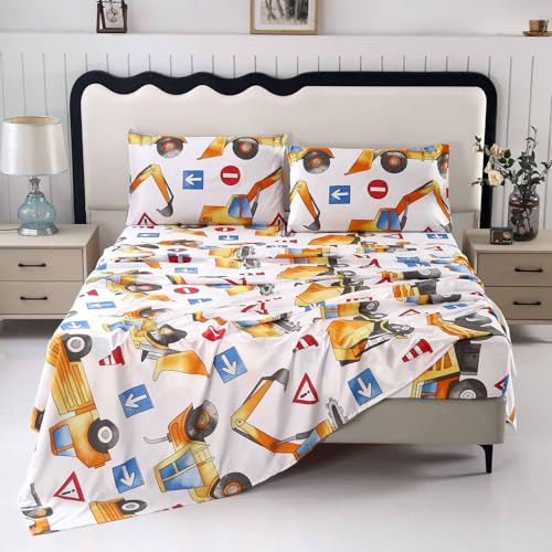 SDY 4PCS Car Bedding Sheets Twin Size Construction Print Sheet Set Included 1 Fitted Sheet with 14'' Deep Pocket + 1 Top Flat Sheet + 2 Pillowcases for Teens Boys,Kids,Children,Toddler, Crib