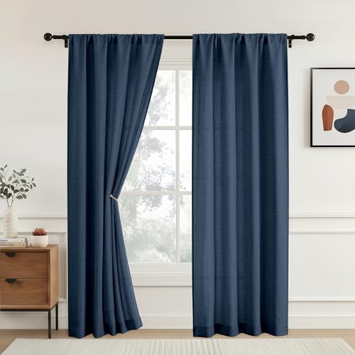 OVZME Navy Blue Curtains 84 Inches Long 2 Panels, Soft Airy Textured Light Filtering Rod Pocket Curtains, Faux Linen Modern Farmhouse Drapes for Living Room Bedroom, Navy Blue, 2x42Wx84L Inches