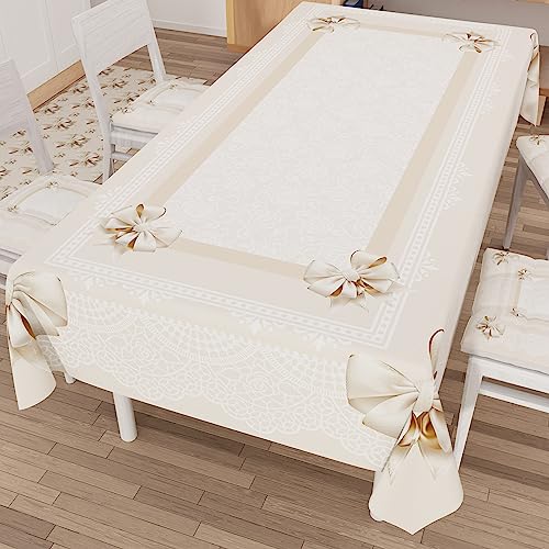 PETTI Artigiani Italiani - Stain Resistant Tablecloth Rectangular 140x180 cm 6 Seats, Wipe Clean Microfibre Kitchen Table Cover, Beige Bow Shabby Chic Design, 100% Made in Italy