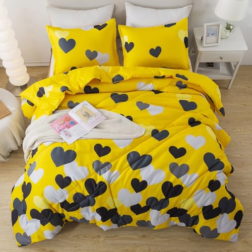 Caressma Comforter Set Queen Size Black Heart Pattern Yellow Comforter Love-Shaped Comforter 3Pcs Soft Lightweight Bedding Set for All Seasons(1 Comforter, 2 pillowshams)