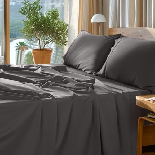 "SONORO KATE 100% Egyptian Cotton Sheets Set - 1000 High Thread Count, Luxury 5-Star Hotel Sateen Bed Sheets, Soft, Breathable Long Staple Sheets, Fit up to 16"" - 4 PC (Dark Grey,King)"