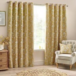 furn. Wylder Sophia Eyelet Curtain Pair – Room Darkening Jacquard Botanical Embroidered Lined Luxury Curtains (Gold – Width 168 x Drop 183cm)