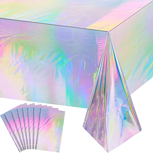 "8 Pack Iridescence Plastic Tablecloths Shiny Disposable Laser Rectangle Table Covers Holographic Foil Tablecloth Iridescent Party Decoration Birthday Bridal Wedding Christmas 54"" x 108""(Laser)"