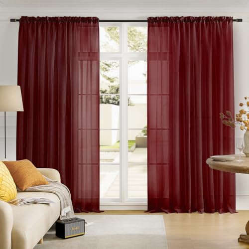 "Sheer Curtains Burgundy 95 Inches Long, Window Treatments Rod Pocket Drapes for Living Room, Bedroom, Semi Crinkle Extra Wide Curtains for Yard, Patio, Villa, Parlor, 108""W x 95""L, 2 Panels"