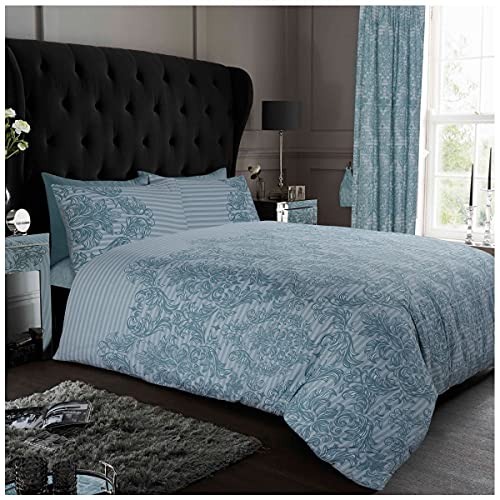 GC GAVENO CAVAILIA Luxurious Empire Damask Bed Set Printed Duvet Cover, Easy Care Soft & Cosy Quilt Bedding Set, King Duvet Set, Duck Egg