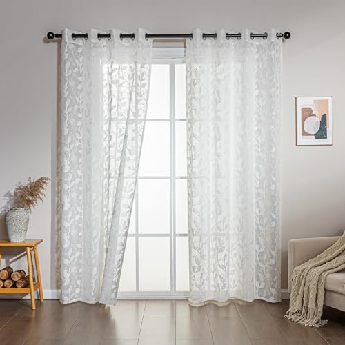 SLEEP ZONE Sheer Curtains for Living Room and Bedroom, Embroidered Sheer Curtains White Sheer Curtain 42 ?? 84 inches Long of 2 Panels, White Vine
