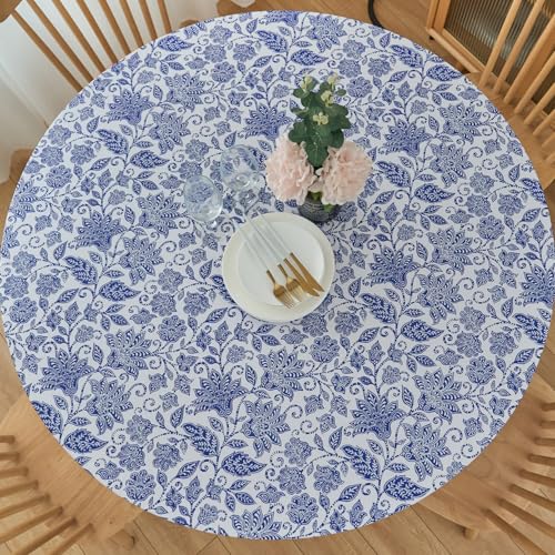 "Pioggia Round Vinyl Fitted Tablecloth with Flannel Backing Elastic Table Cloth Waterproof Oil-Proof Plastic Table Cover Best for 37""-44"" Round"