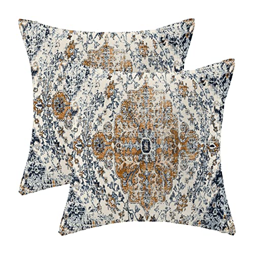 AEIOAE Boho Pillow Covers 16x16 Inch Set of 2,Carpet Pattern Throw Pillows Case,Rust Blue Ethnic Design Outdoor Decorative Square Linen Farmhouse Decor Cushion Covers for Home Sofa Bed Couch