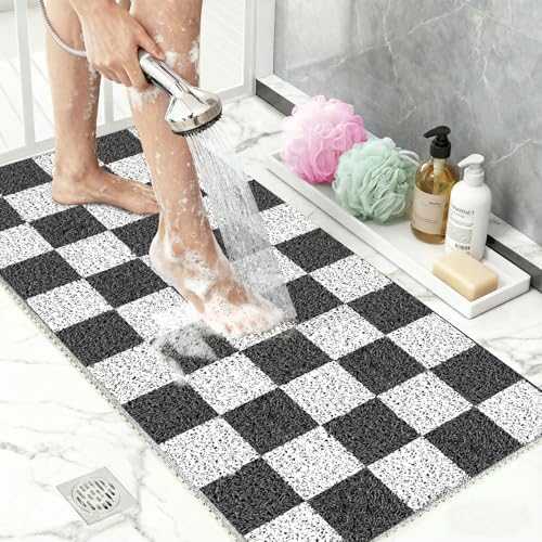 "Extra Large Shower Mat 32""x24"",Fast Drying Foot Scrubber Mats,Non Slip Bath Mat for Inside Shower, PVC Loofah Bathroom Mats for Wet Areas, Bathroom Floor, Poolside Entryway, Black Checkered"