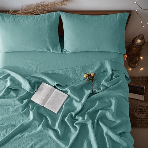 "LBR02M 100% Linen Sheet Set Full Size,Bed Sheets 4 Piece Sets,Solid Color Natural Flax Bed Sheets Soft Breathable Bedding,16"" Deep Pocket,All Season (Full, Aqua)"