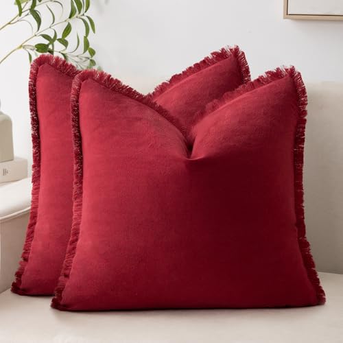Set of 2 Fringe Square Pillow Covers, 26x26 Cotton Throw Pillow Cover with Tassel, Decorative Boho Pillow Covers Cozy Pillowcases for Couch Sofa Bed Living Room Bedroom Farmhouse Home Decor Accents