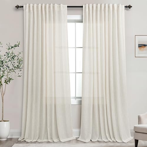 Mrs.Naturall 72x96 Inch Length Cream Back Tab Linen Blend Sheer Curtains for Bedroom
