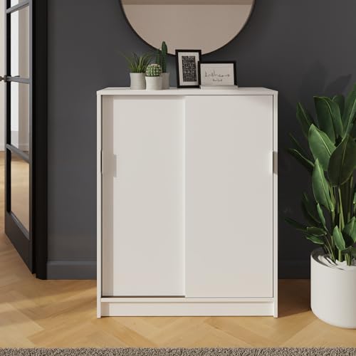 GFW Leighton Sliding Door Shoe Cabinet, Slim White Hallway Shoe Storage Unit for 18–22 Pairs