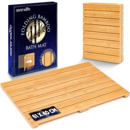 SereneLife Bamboo Shower Bath Mat, Foldable Non-Slip Wooden Floor Mat for Bathroom, Sauna, Spa, Outdoors -Large Board up to 140kg, Easy Storage,40x60x3cm - Natural, Brown