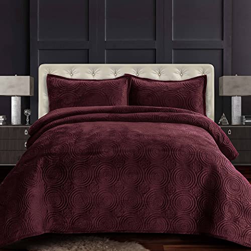 Tribeca Living Oversized Velvet Quilt, 2-Piece Twin Bed Set, 260GSM Soft Quilted Velvet, Includes One Quilt & One Sham, Plum