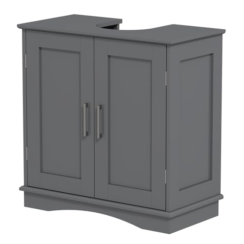 RELAX4LIFE Under Sink Bathroom Cabinet, Freestanding Storage Cupboard Basin Unit with 2 Doors, Adjustable Shelf & U-Shaped Cut-Out, Wooden Bathroom Floor Cabinet Vanity Basin Sink Organizer (Grey)