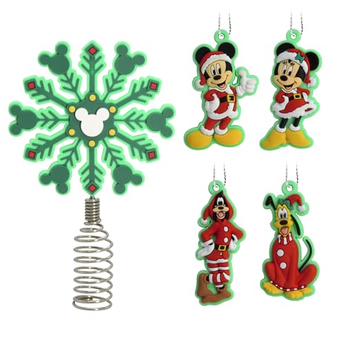 "Hallmark Disney Mickey and Minnie Mouse 5"" Miniature Christmas Tree Topper and Mini Ornaments, Set of 5, Shatterproof"
