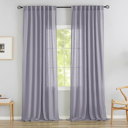 Light Purple Linen Back Tab Curtains 102 Inches Long 2 Panels Set for High Windows - Rustic Hooks Belt Pinch Pleated Look Easy Sliding Curtains Pocket Light Filtering Semi Privacy Drapres Lavender