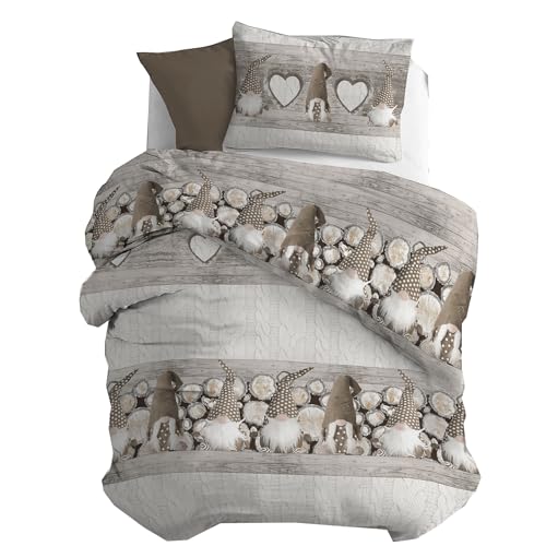 PENSIERI DELICATI Flannelette Single Duvet Cover Set, 100% Cotton, 155 x 200 cm Bag and Pillowcase 52 x 82 cm, Made in Italy, Machine Washable at 40 Degrees, Beige Gnome Pattern