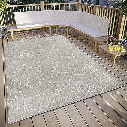 freundin Home Collection Palau Indoor & Outdoor Rug - Floral Flat Weave Leaf Pattern, Weatherproof & UV-Resistant Outdoor Rug for Living Room, Hallway, Balcony, Patio, Garden - Beige, 130 x 190 cm