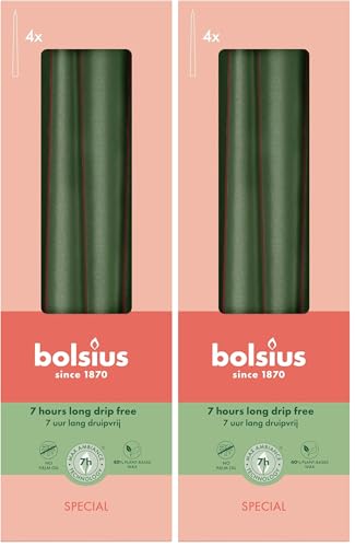 Bolsius Smooth Tapered Candles - Metallic Green - Set of 4 in Box - 9.7″ - Decorative Household Candles - Burning Time 7 Hours - Unscented - Natural Plant Wax - Without Palm Oil (Pack of 2)
