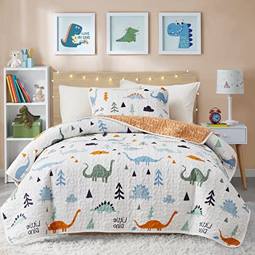Joyreap 3-Piece Cotton Quilt Set Full/Queen, Cute Dinosaur Reversible Design for Kids Boys n Girls, Breathable Quilt Bedspread Bed Cover for All Season, 1 Quilt and 2 Pillow Shams- 90x90 inches