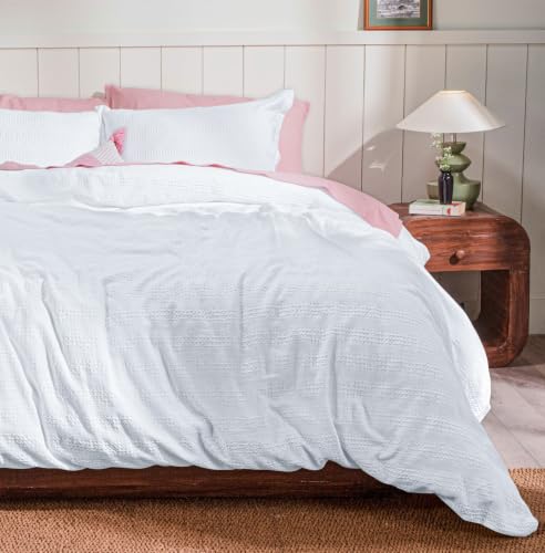 Ruvanti 100% Cotton Waffle Duvet Cover Queen Size Set, 3 Pieces, Bright White Stripe, Ultra Soft Pre-Washed Bedding, Breathable Comforter Cover Set 8 Corner Ties, Button Closure