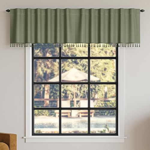 "Sun Zero Greyson Faux Dupioni Silk Beaded Tassels Thermal Extreme 100% Total Blackout Back Tab Curtain Valance, Moss Green, 50"" W x 17"" L"