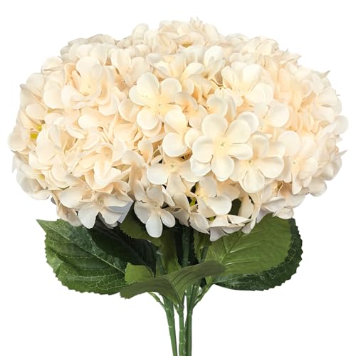 Subacy 6 PCS Artificial Hydrangea Flowers, Faux Silk Hydrangea with Long Stems, Home Wedding Decor, Table Centerpieces, Party Decorations(Champagne)
