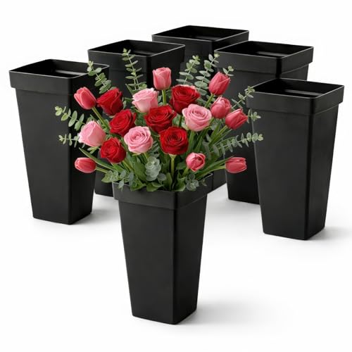 Kingrol 6 Pack Plastic Flower Vases, 33.5x17cm Tall Plant Pots, 13.25 Inch Multipurpose Flower Buckets, Accents Home Office Event Centerpieces Decor, Black