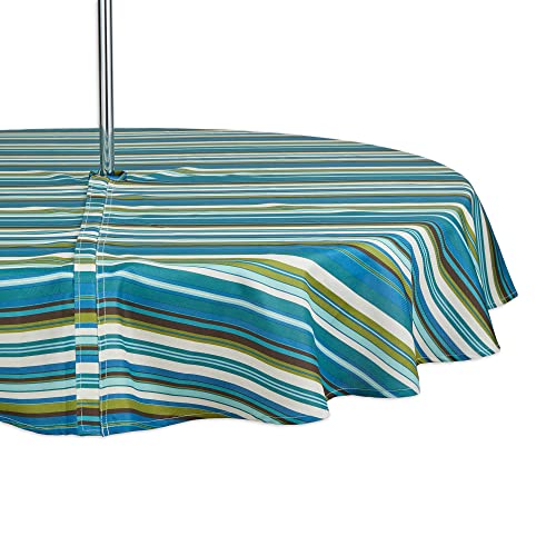 "DII Indoor/Outdoor Tabletop Collection Multi-use, Machine Washable, Striped, Tablecloth, 60"" Round w/Zipper, Beachy Print"