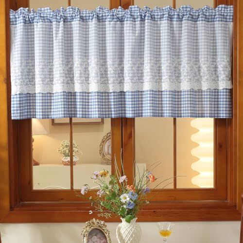 "Huierxun Blue and White Buffalo Check Plaid Tier Curtains Floral Lace Semi Sheer Kitchen Curtain Farmhouse Gingham Curtains Rod Pocket Tiers for Living Room (Blue B,42""x24"")"
